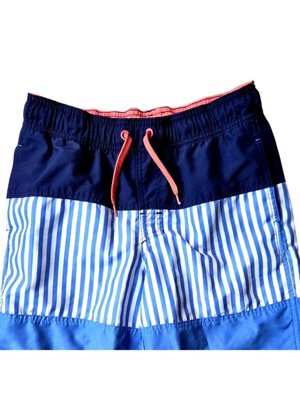 Boys Cat & Jack Large Swim Trunks Blue & White Striped Elastic Waist Mesh Lining